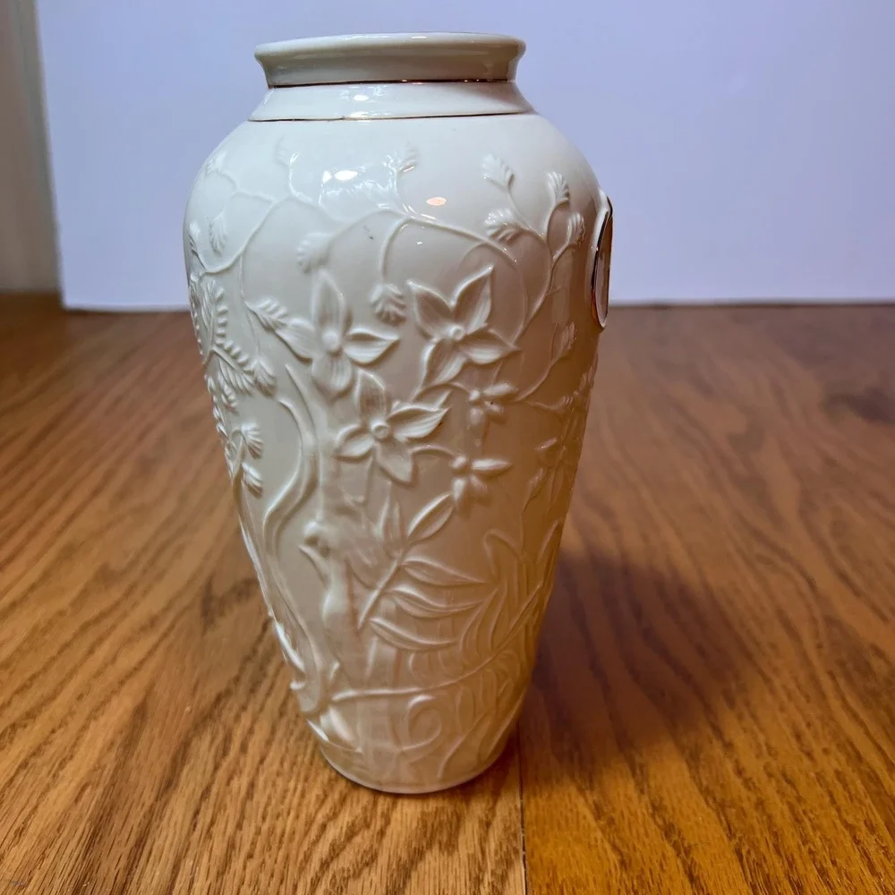 Belleek Collectors Society Butterfly Vase Irish Porcelain Embossed Floral Gold